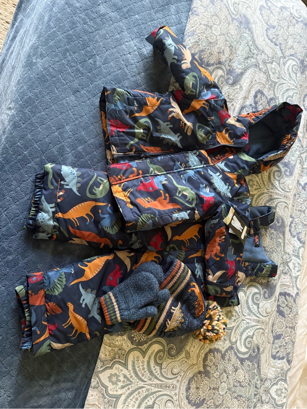 The Children's Place Navy Multicolor Dino Puffer Jacket and Snow Pants Set